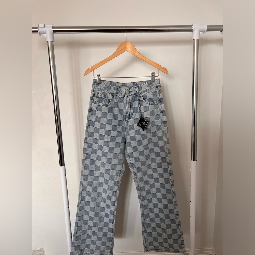 Checkerboard Straight Leg Jeans